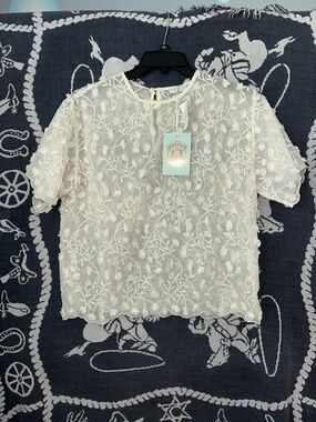 Atelier 17.56 Embroidered Sheer White Floral Blouse -